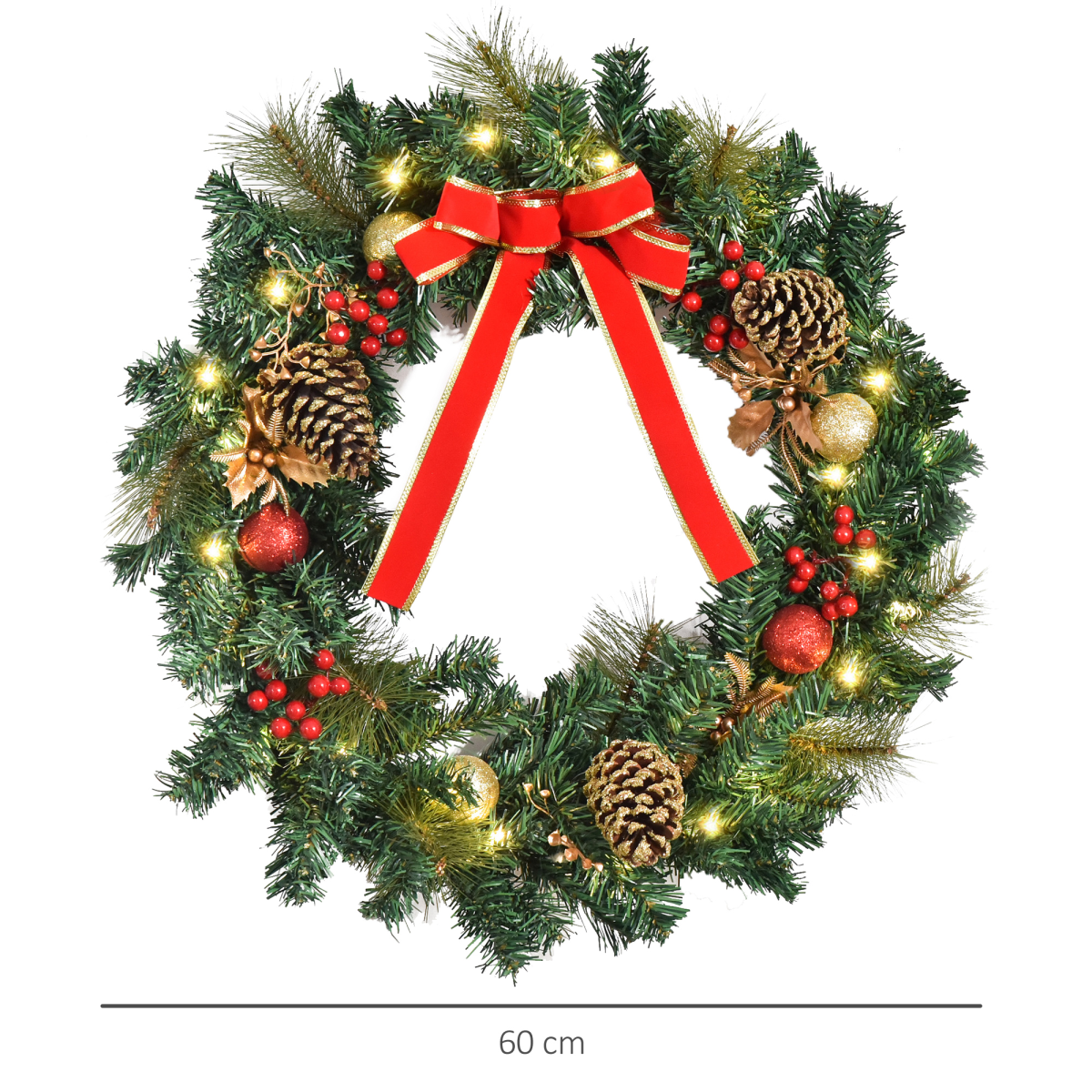 HOMCOM 60cm Light-Up Christmas Door Wreath β 20 Warm White LEDs, Pine Cones & Berries - Image 7