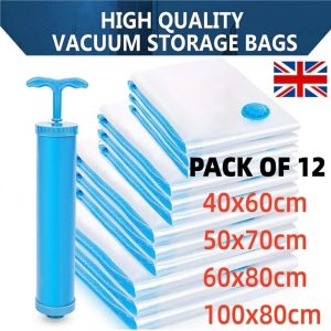 12 Vacuum Storage Bags with Hand Pump – Space Saving Set