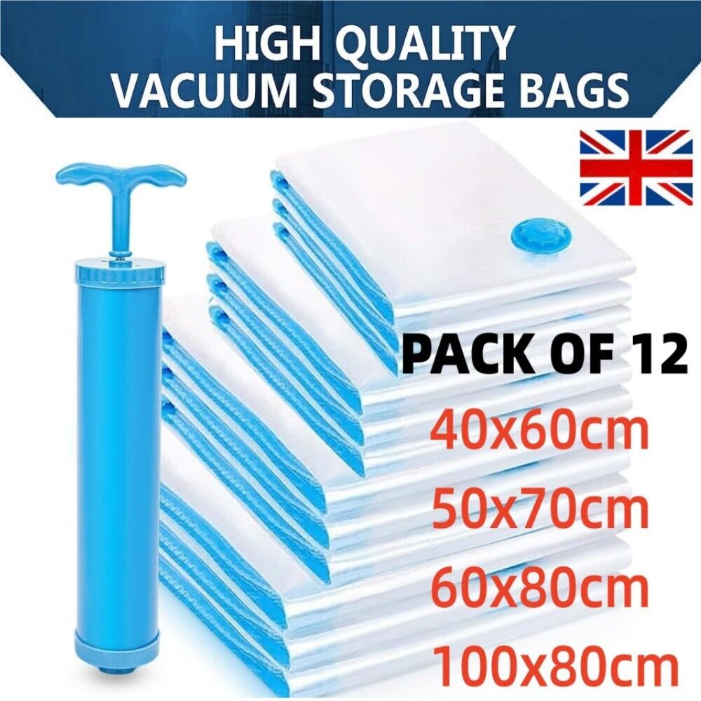 12 Vacuum Storage Bags with Hand Pump – Space Saving Set