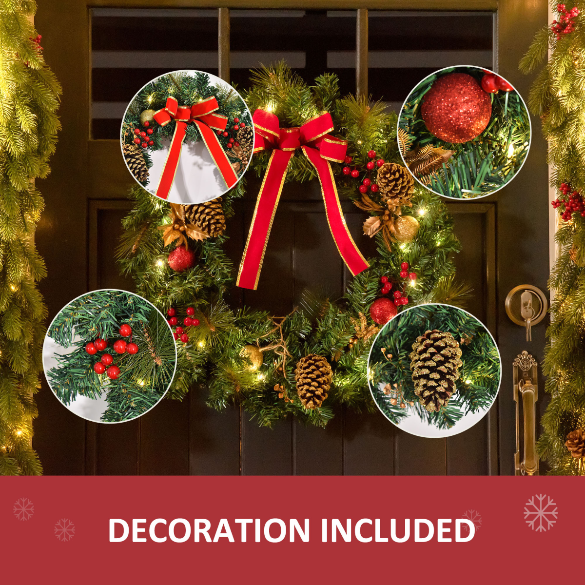 HOMCOM 60cm Light-Up Christmas Door Wreath β 20 Warm White LEDs, Pine Cones & Berries - Image 4