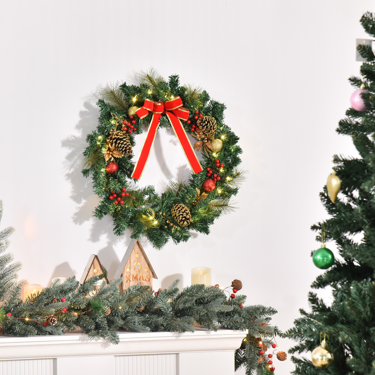 HOMCOM 60cm Light-Up Christmas Door Wreath β 20 Warm White LEDs, Pine Cones & Berries - Image 2