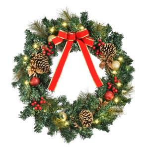 HOMCOM 60cm Light-Up Christmas Door Wreath – 20 Warm White LEDs, Pine Cones & Berries